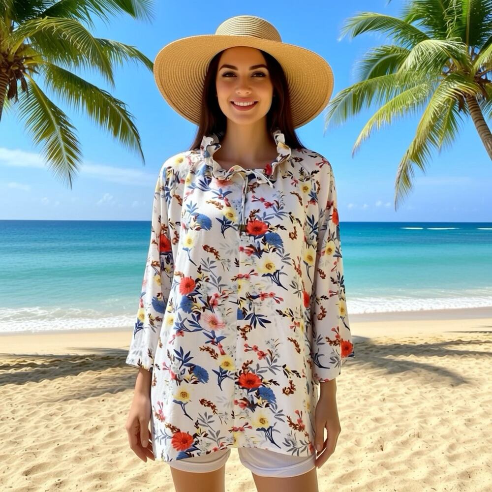 SimplyNoelle White Floral Blouse Women L/XL(12-14) Ruffle Round Neck Cottagecore - Picture 1 of 7